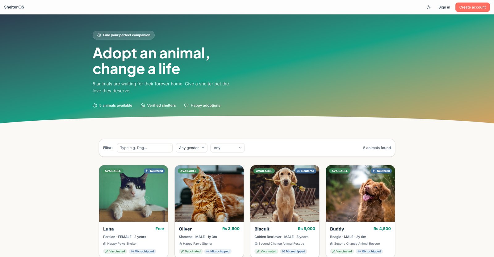 The Shelter OS adoption marketplace: a hero banner over cards for adoptable cats and dogs
